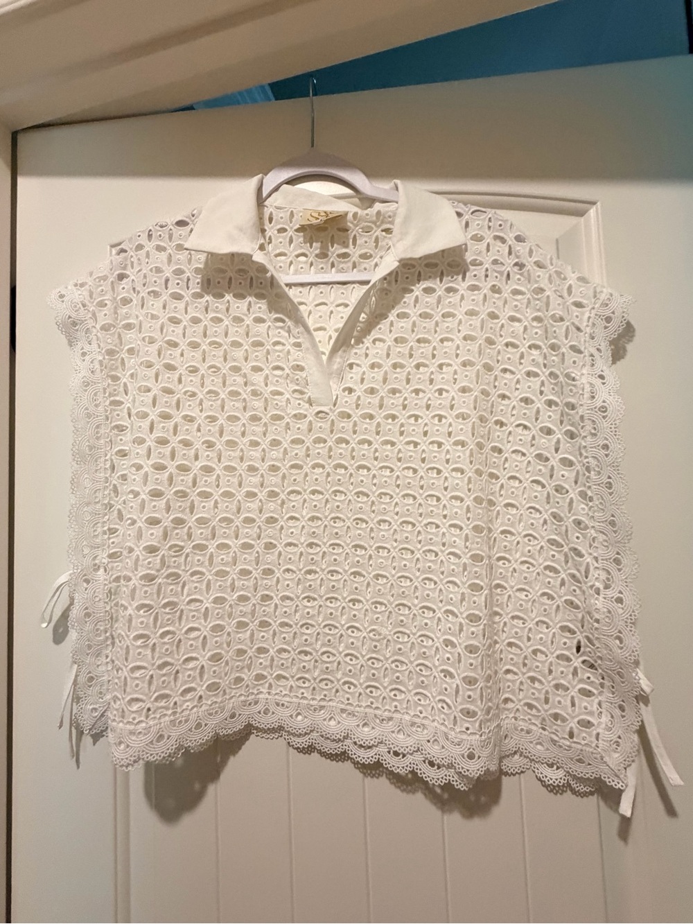 White Crochet Lace Polo Blouse - Women